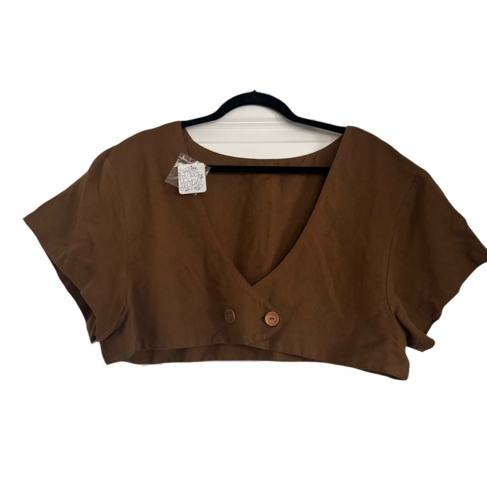 Free People Brown V-Neck Linen Cropped Top